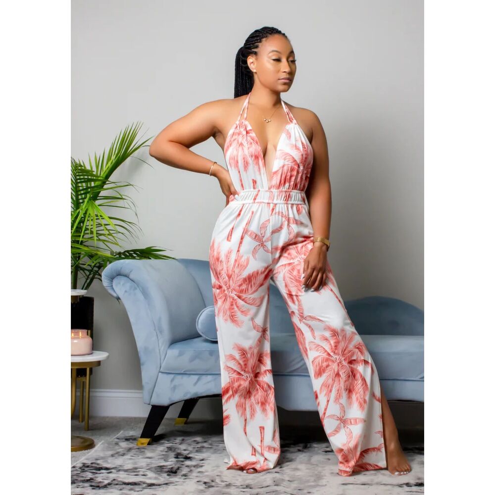 mundefeis women's jumpsuit orange palm tree V-neck Tie Size Small
